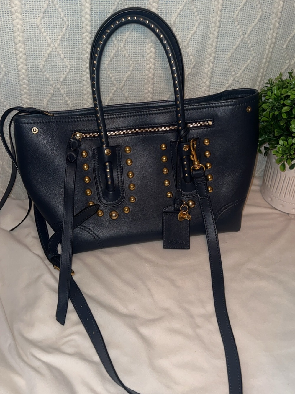 Alexander McQueen Navy Leather Studded Tote with Gold Hardware